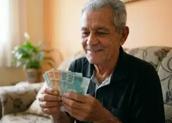 Aposentado brasileiro segurando notas de dinheiro em casa, em referência à nova rodada de pagamentos do INSS, com valores de R$ 8.475,55.