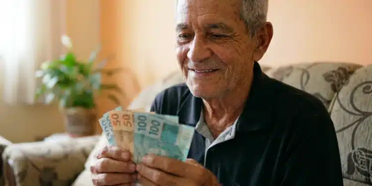Aposentado brasileiro segurando notas de dinheiro em casa, em referência à nova rodada de pagamentos do INSS, com valores de R$ 8.475,55.