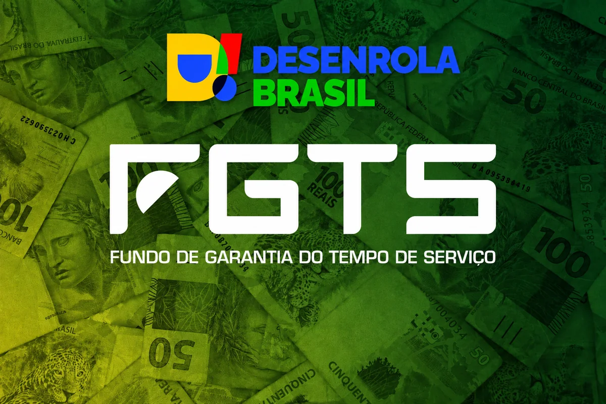 Logo do Desenrola Brasil e marca do FGTS sobre cédulas de reais, representando a renegociação de dívidas com saldo do fundo.