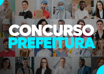 Mosaico com 18 profissionais de diversas áreas como saúde, construção e serviços com texto Concurso Prefeitura.