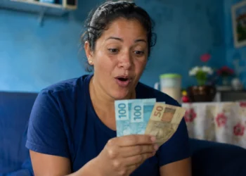Mulher segurando notas de dinheiro representando o depósito de novo lote do auxílio de R$ 7.300 pela CAIXA.
