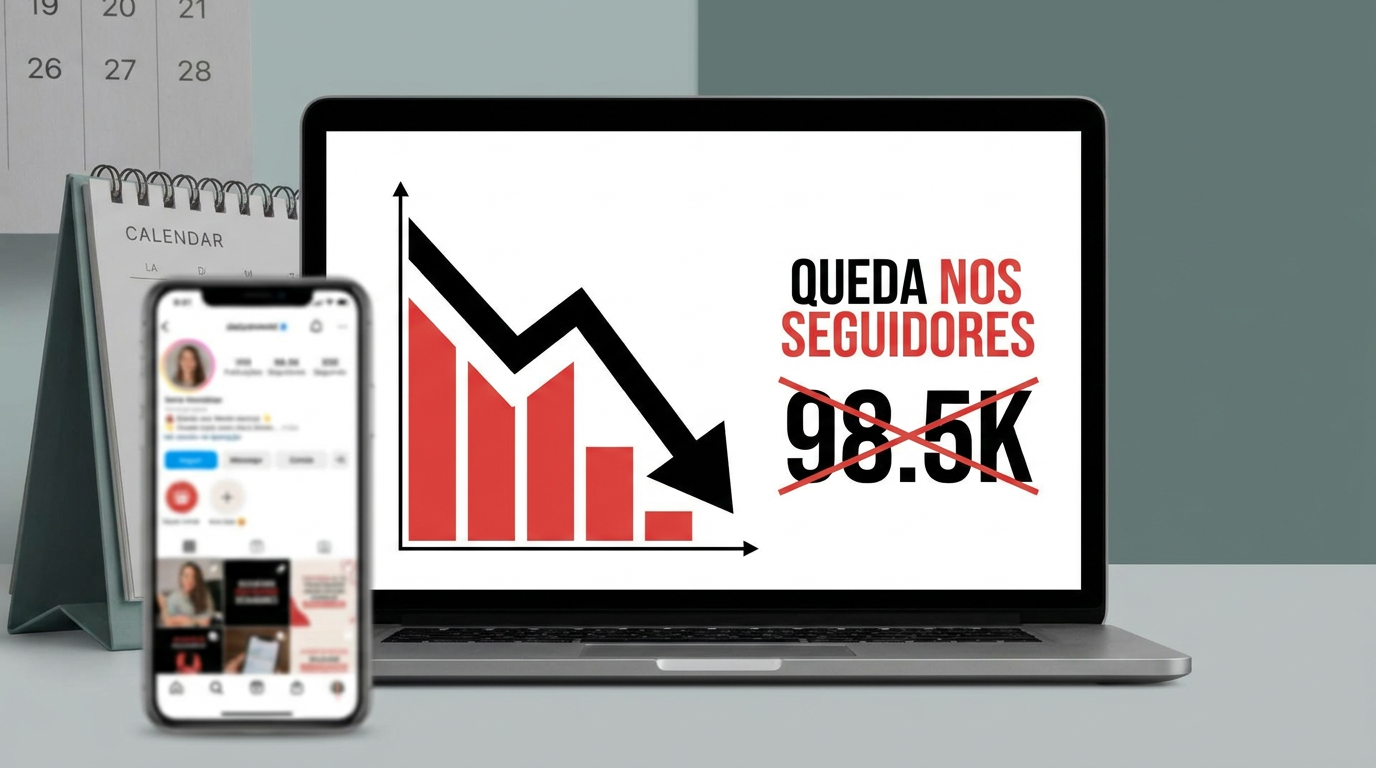 Notebook com gráfico de barras vermelhas em queda e celular exibindo perfil do Instagram sobre mesa cinza.