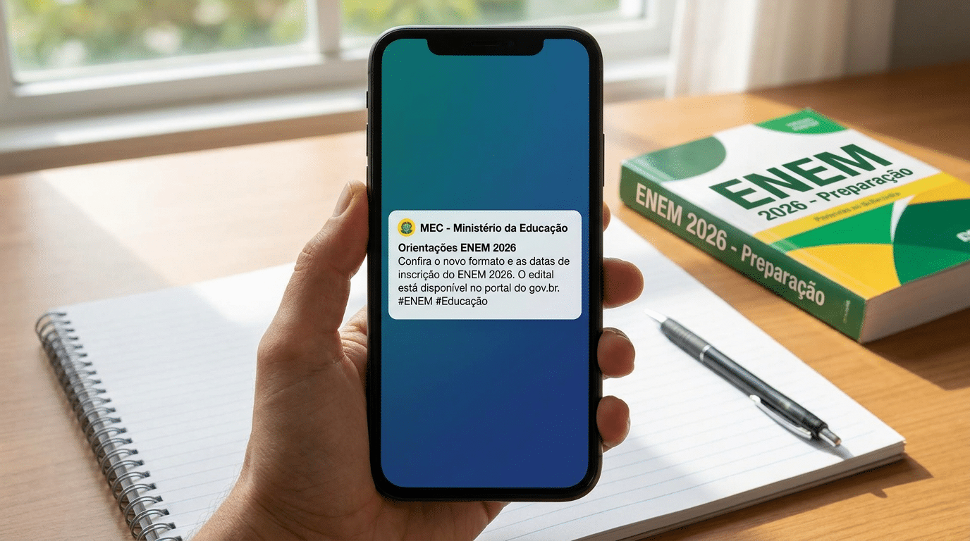 Mão segura celular com notificação do MEC sobre ENEM 2026, ao lado de livro de preparação e caderno sobre mesa.