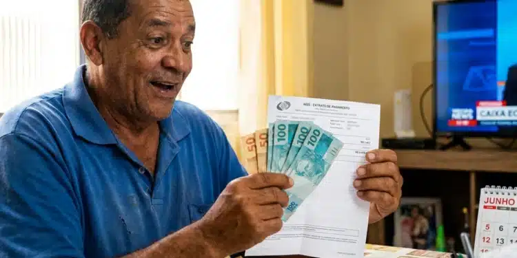 Segurado do INSS segurando dinheiro e extrato de pagamento, em referência à liberação de benefícios de R$ 8.475,55 e valor extra em junho
