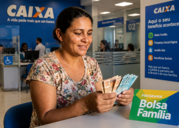Mulher conta cédulas de real em agência da Caixa diante de placa do Programa Bolsa Família após receber a parcela de maio