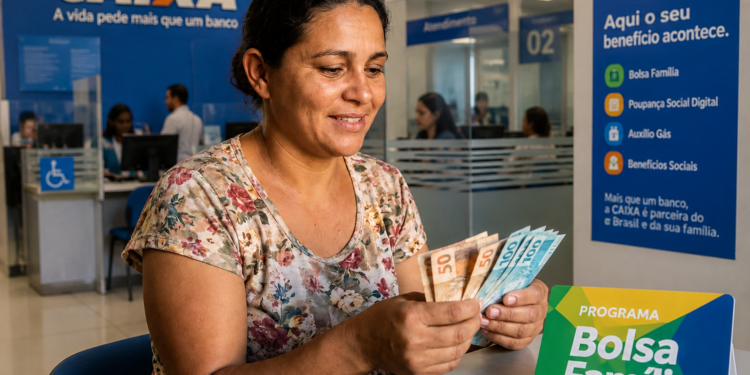 Mulher conta cédulas de real em agência da Caixa diante de placa do Programa Bolsa Família após receber a parcela de maio