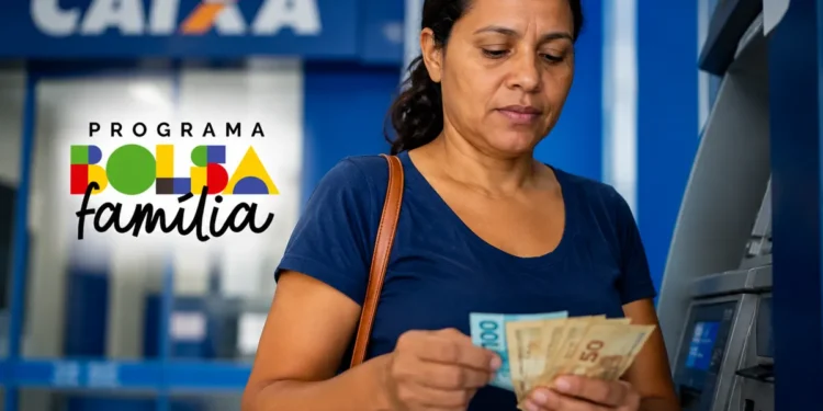 Mulher conferindo notas de dinheiro em caixa eletrônico da Caixa, representando beneficiários do Bolsa Família com NIS final 3 que recebem pagamento de R$ 850 nesta quarta-feira (20).