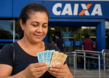 Mulher brasileira segurando notas de reais em frente à Caixa, representando o pagamento de R$ 2.100 em 2026.