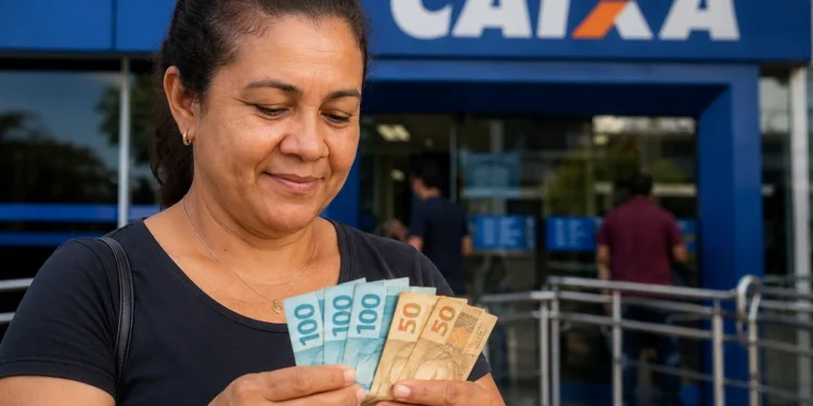 Mulher brasileira segurando notas de reais em frente à Caixa, representando o pagamento de R$ 2.100 em 2026.
