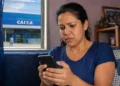 Mulher preocupada olhando o celular dentro de casa, com agência da CAIXA ao fundo, representando alerta sobre procedimento obrigatório para receber R$ 300 em junho.