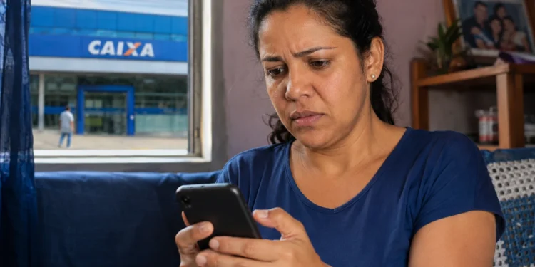 Mulher preocupada olhando o celular dentro de casa, com agência da CAIXA ao fundo, representando alerta sobre procedimento obrigatório para receber R$ 300 em junho.