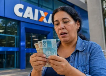 Mulher conferindo notas de R$ 50 e R$ 100 em frente a uma agência da Caixa, representando o pagamento de R$ 1.728,01.