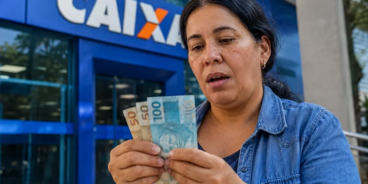 Mulher conferindo notas de R$ 50 e R$ 100 em frente a uma agência da Caixa, representando o pagamento de R$ 1.728,01.