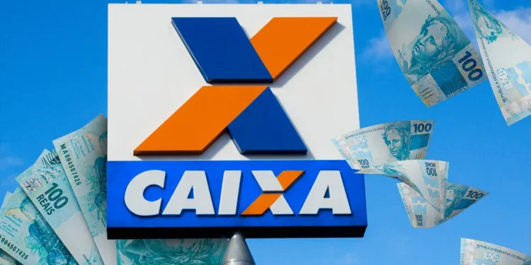 Logotipo da Caixa Econômica Federal cercado por notas de R$ 100, representando o pagamento de R$ 1.050 liberado para beneficiários com CPFs finais de 0 a 9.