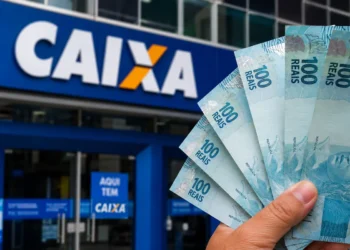 Mão segurando notas de R$ 100 em frente à agência da CAIXA, representando o depósito de R$ 800