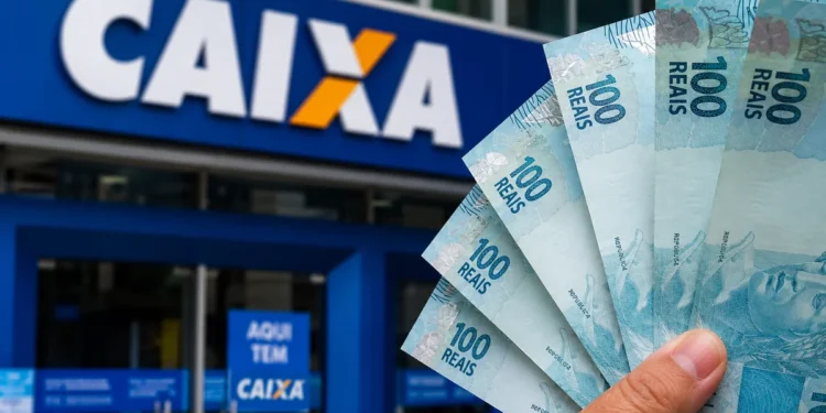 Mão segurando notas de R$ 100 em frente à agência da CAIXA, representando o depósito de R$ 800