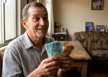 Aposentado segurando cédulas de dinheiro, representando o pagamento extra de R$ 810,50 do INSS.