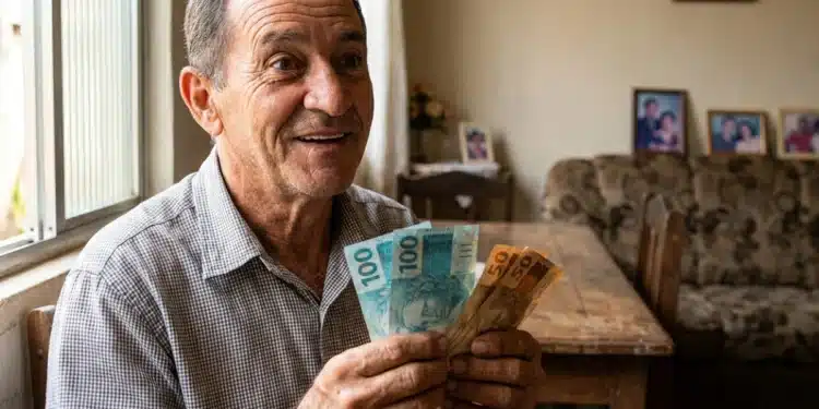Aposentado segurando cédulas de dinheiro, representando o pagamento extra de R$ 810,50 do INSS.