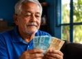 Aposentado segurando notas de reais em casa, representando a confirmação do pagamento do INSS de R$ 2.431,50.