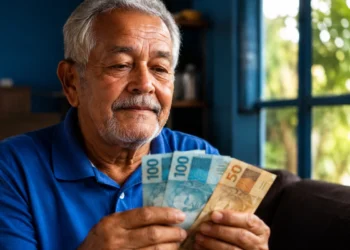 Aposentado segurando notas de reais em casa, representando a confirmação do pagamento do INSS de R$ 2.431,50.