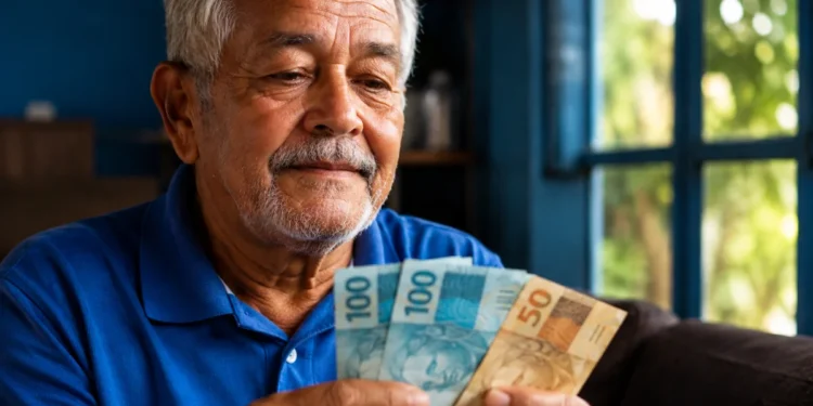 Aposentado segurando notas de reais em casa, representando a confirmação do pagamento do INSS de R$ 2.431,50.
