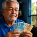 Aposentado segurando notas de reais em casa, representando a confirmação do pagamento do INSS de R$ 2.431,50.