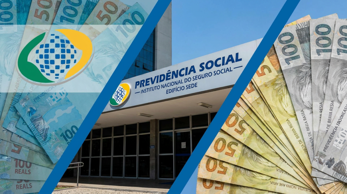 Montagem com cédulas de real, a logomarca da Previdência Social e a fachada do prédio-sede do INSS.