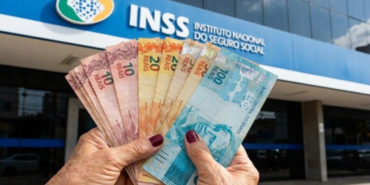 Mãos de beneficiária do INSS seguram cédulas em leque em frente à fachada de uma agência da Previdência Social