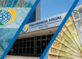Montagem em três faixas diagonais com cédulas de cinquenta e cem reais, o logotipo da Previdência e a fachada do edifício-sede do INSS