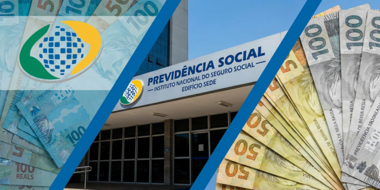 Montagem em três faixas diagonais com cédulas de cinquenta e cem reais, o logotipo da Previdência e a fachada do edifício-sede do INSS