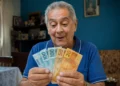 Idoso aposentado segurando notas de reais dentro de casa representando a confirmação de pagamentos de R$ 8.475,55 do INSS e segunda parcela do 13º salário.