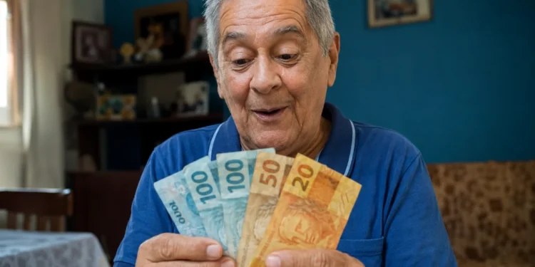 Idoso aposentado segurando notas de reais dentro de casa representando a confirmação de pagamentos de R$ 8.475,55 do INSS e segunda parcela do 13º salário.