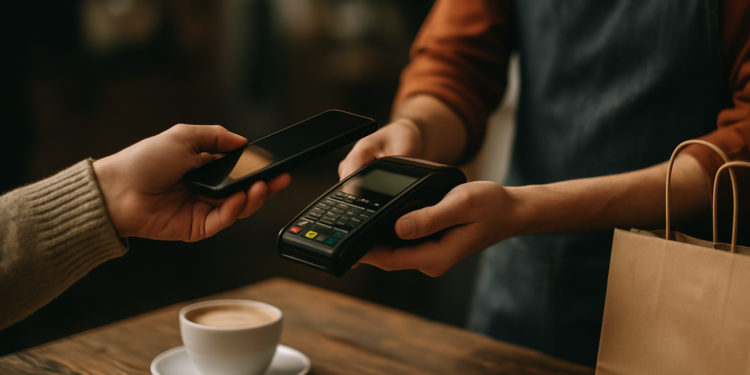 essoa fazendo pagamento com celular em máquina de cartão