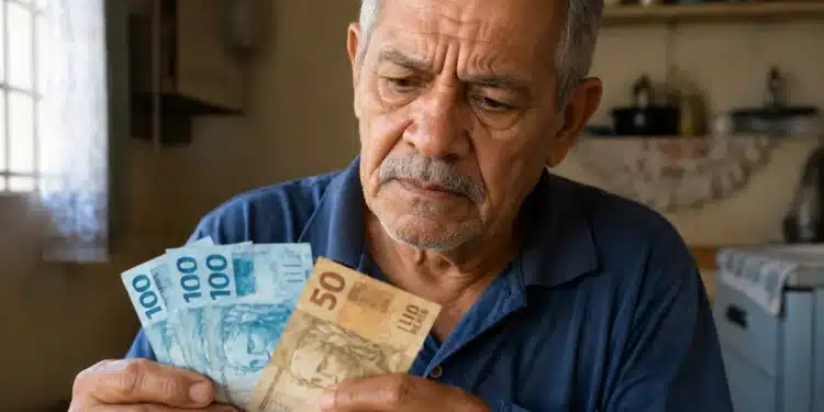 Aposentado segurando uma nota de 100 e outra de 50 reais, com expressão preocupada, representando os pagamentos menores do INSS em junho.