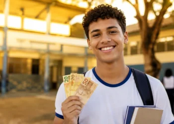 Estudante segurando notas de reais em frente a uma escola pública, representando o pagamento do programa Pé-de-Meia nesta terça-feira (26).