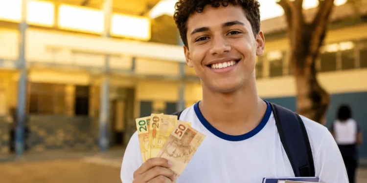 Estudante segurando notas de reais em frente a uma escola pública, representando o pagamento do programa Pé-de-Meia nesta terça-feira (26).