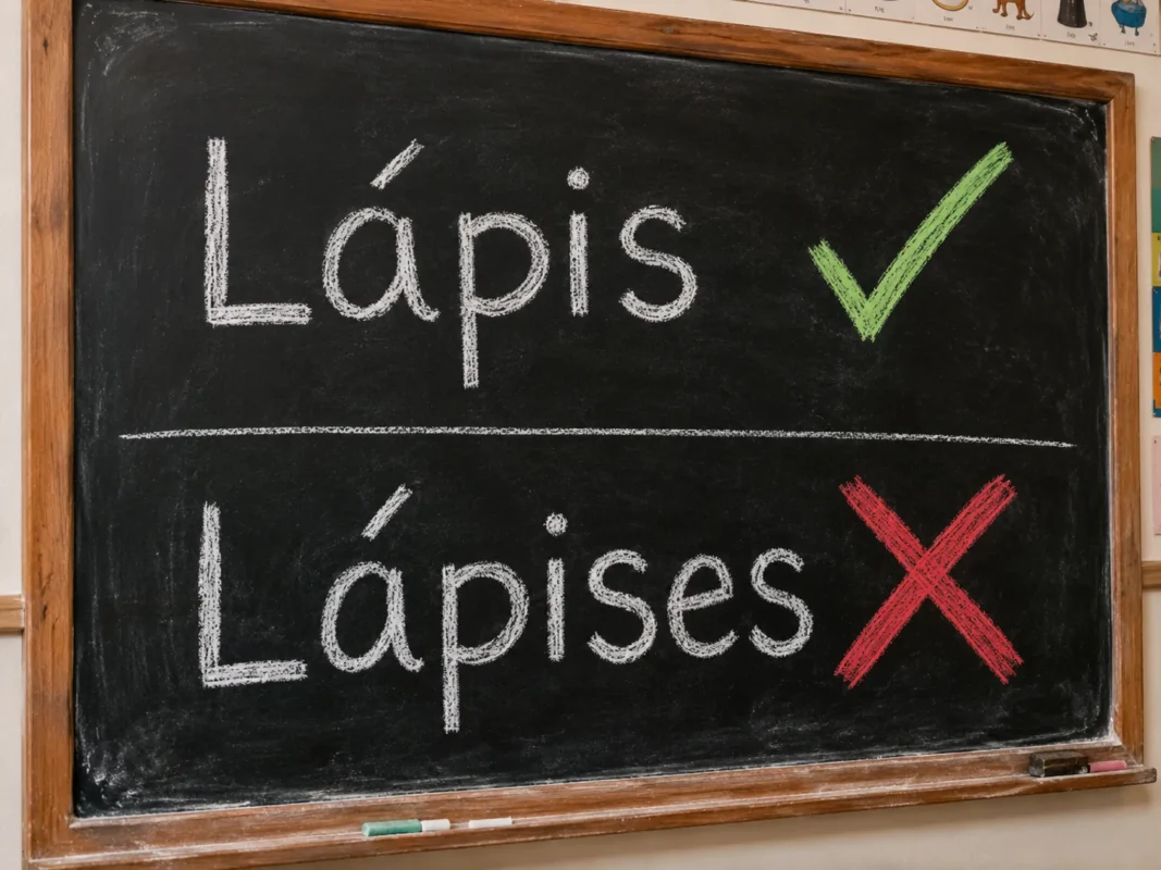 Quadro escolar mostrando a palavra lápis como forma correta no singular e no plural, com lápises marcado como erro