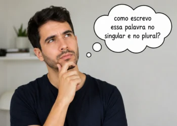 Pessoa pensativa com balão de pensamento sobre palavras que têm a mesma forma no singular e no plural.