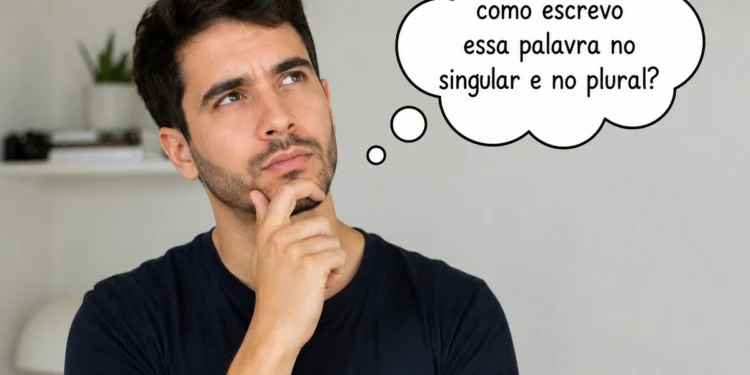 Pessoa pensativa com balão de pensamento sobre palavras que têm a mesma forma no singular e no plural.