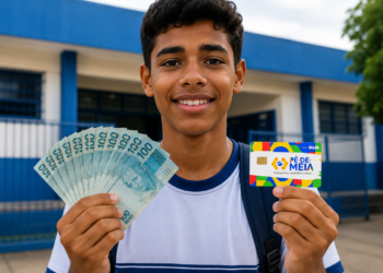 Jovem sorridente segura notas de R$ 100 e cartão do programa Pé-de-Meia em frente a escola pública.