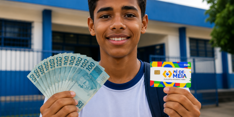 Jovem sorridente segura notas de R$ 100 e cartão do programa Pé-de-Meia em frente a escola pública.