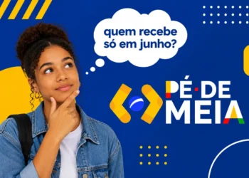 Estudante pensativa com balão “quem recebe só em junho?” ao lado do logo do Pé-de-Meia.