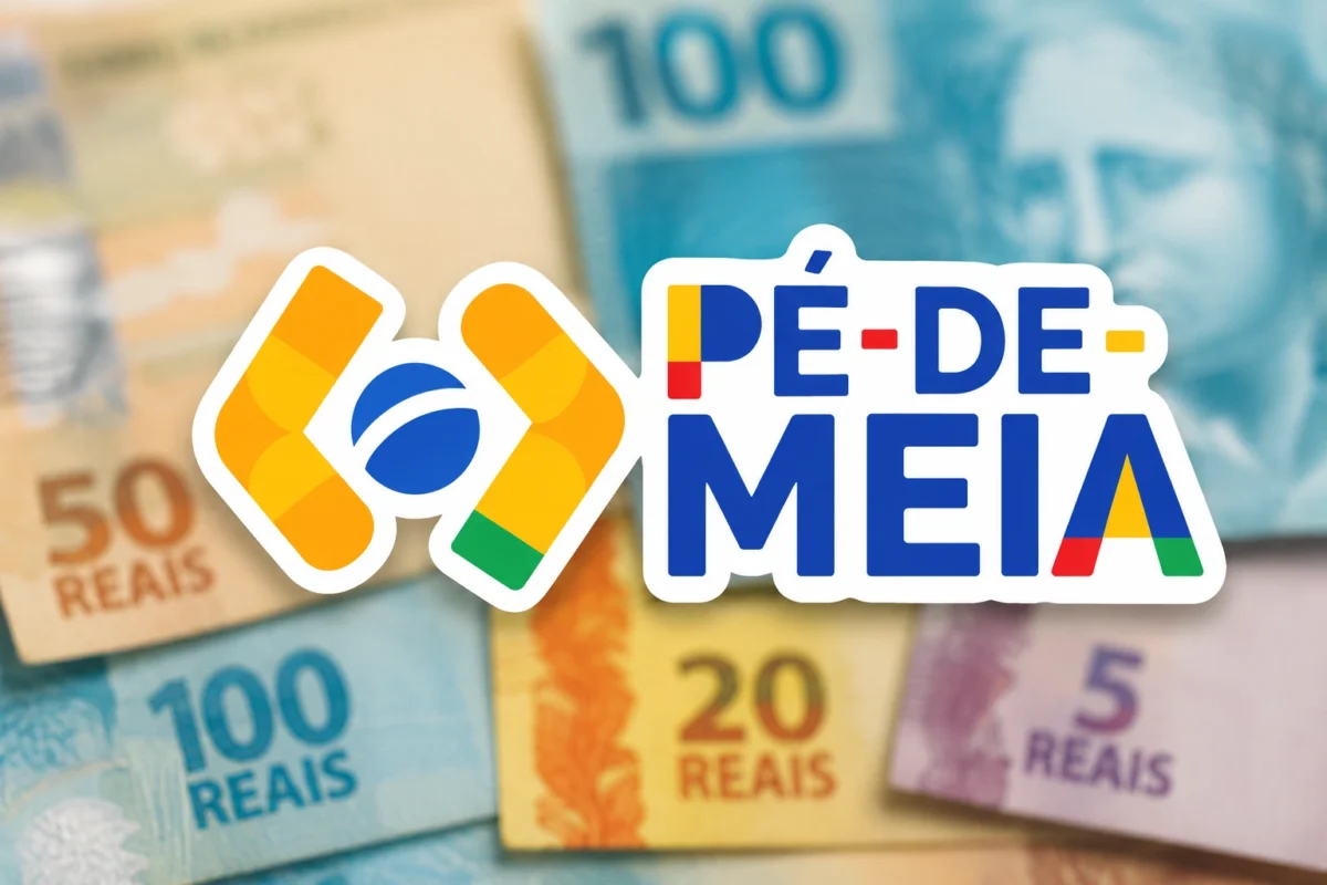 Logo do Pé-de-Meia sobre dinheiro brasileiro desfocado, ilustrando o calendário de pagamentos de maio com repasse em junho para alguns estudantes.