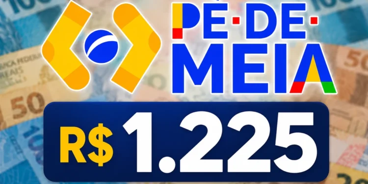 Arte do Pé-de-Meia com notas de dinheiro ao fundo representando os pagamentos de R$ 1.225