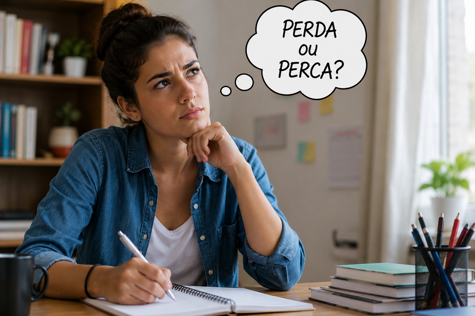 Mulher jovem de camisa jeans pensa em balão com texto "Perda ou Perca?" enquanto escreve em caderno.