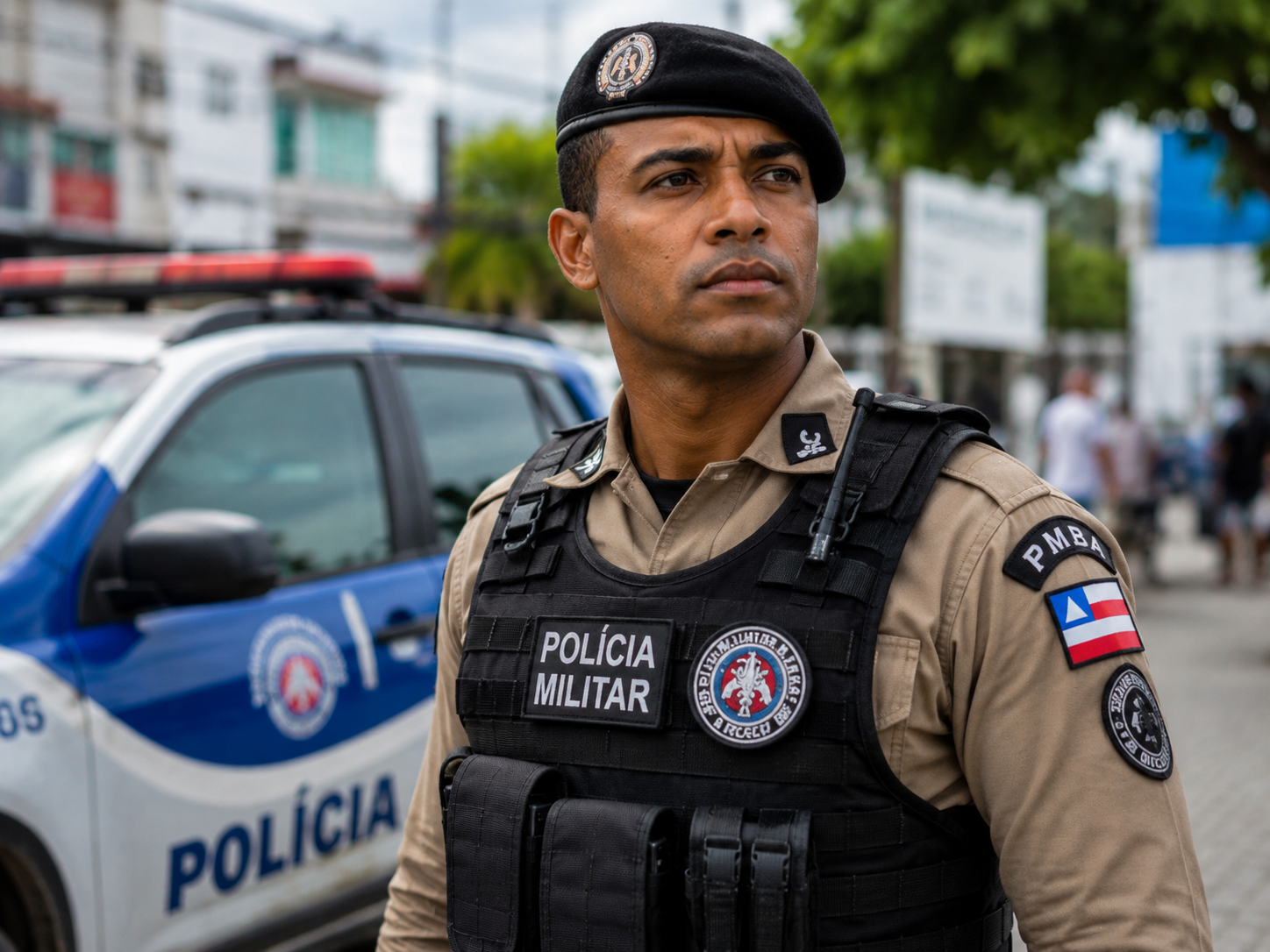 Policial militar da Bahia com boina preta e colete tático preto sobre camisa caqui, viatura policial ao fundo.