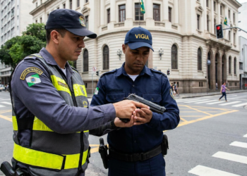 Agente de trânsito com colete amarelo e vigilante com boné azul examinam pistola em cruzamento urbano.