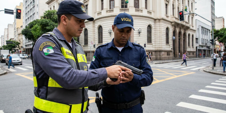 Agente de trânsito com colete amarelo e vigilante com boné azul examinam pistola em cruzamento urbano.