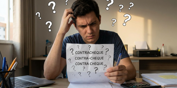 Homem confuso coça a cabeça enquanto segura papel com três formas de escrita: contracheque, contra-cheque e contra cheque.