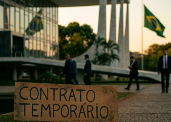 Placa de madeira com a inscrição contrato temporário em primeiro plano diante de prédio público e bandeiras do Brasil ao fundo